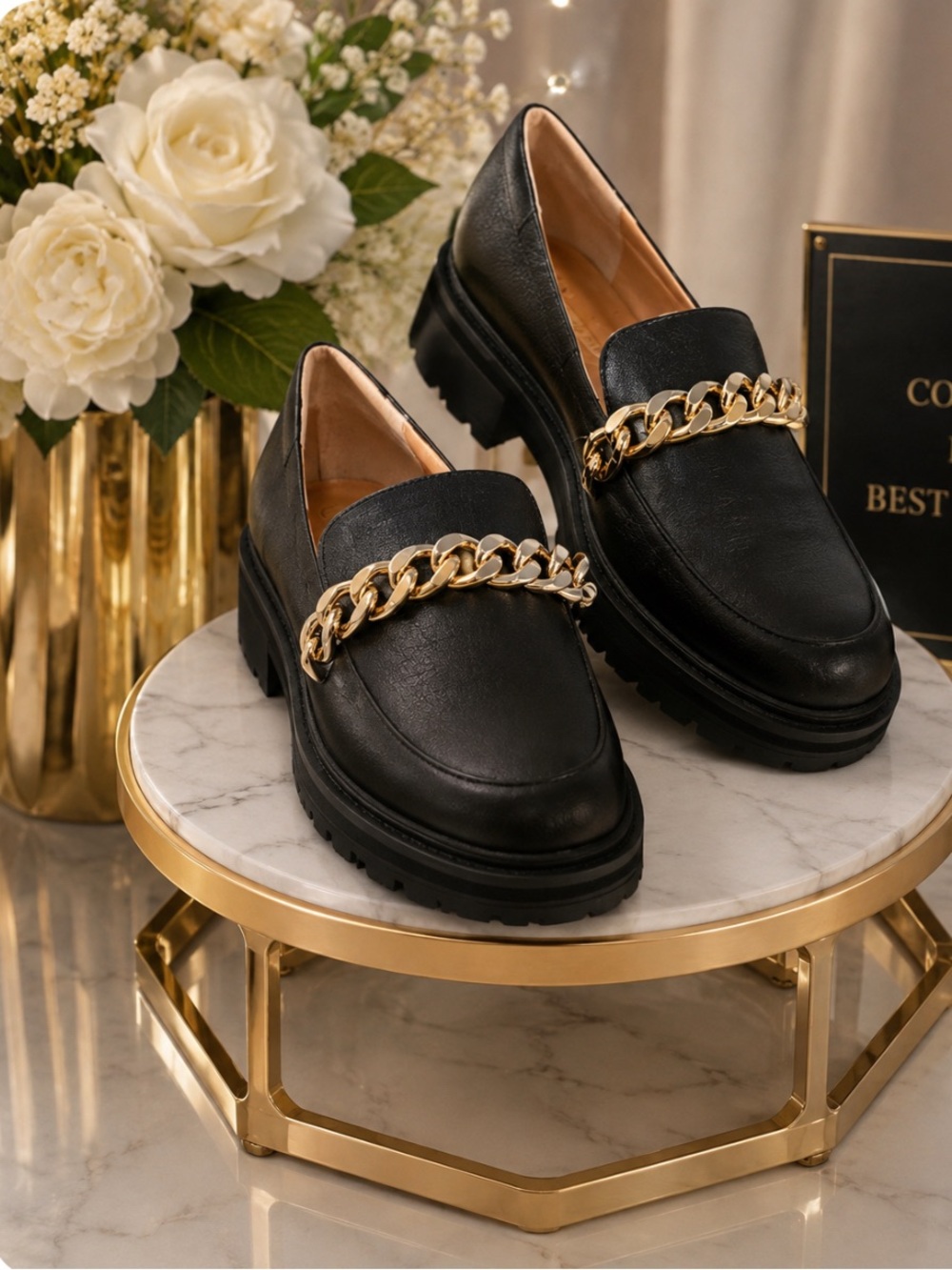 Jessica Simpson Black Loafers with Gold Chain Size 9M